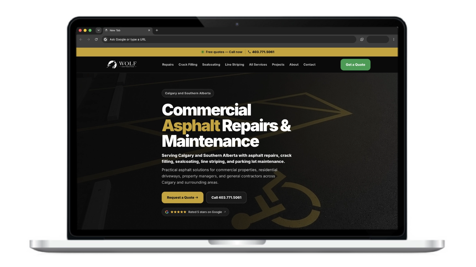 Wolf Contracting's redesigned homepage by Zapseed Media, featuring a clean, trust-focused layout