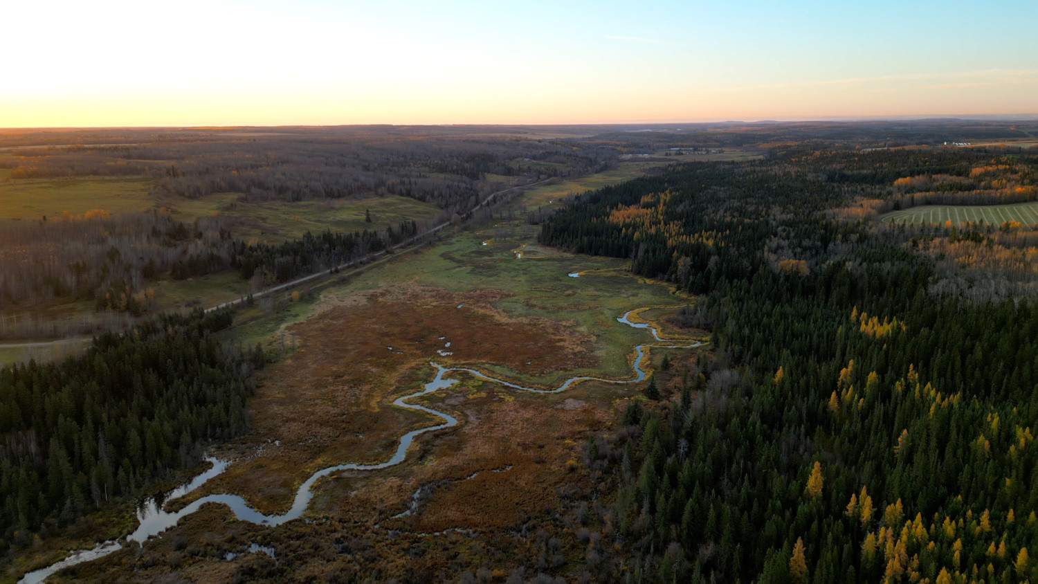 Aerial drone photo of the Tawatinaw River, a second vantage point near Athabasca, Alberta