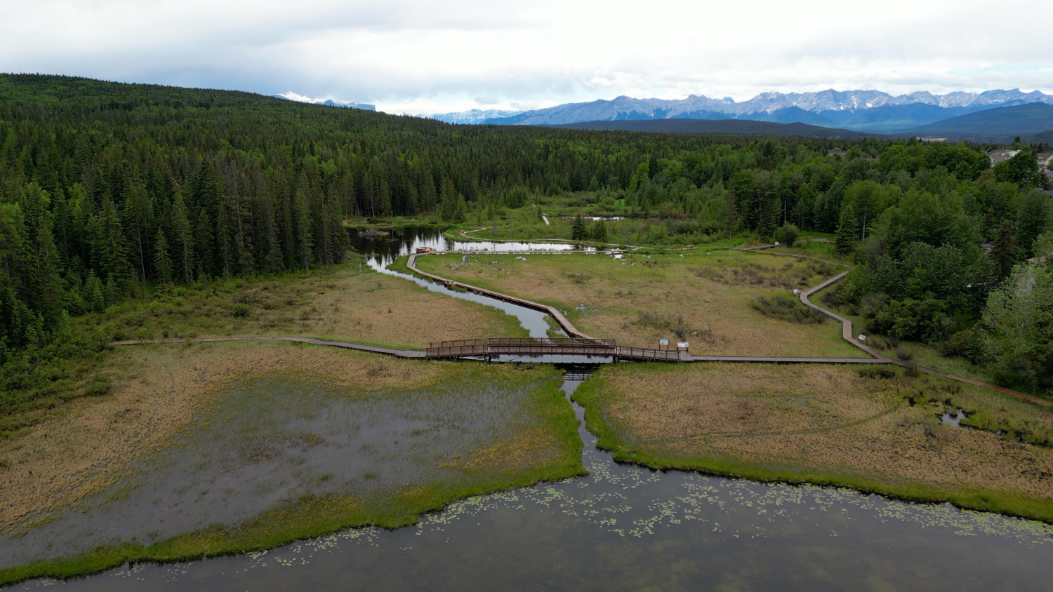Aerial drone photo of the Beaver Boardwalk in Athabasca, Alberta